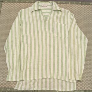 Puro Lino 100% Linen V-neck Popover Shirt Green Stripe Mesh Size M Made in Italy